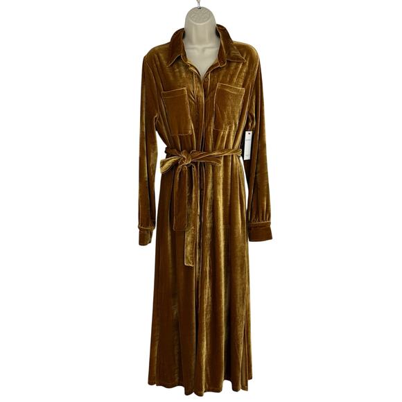 AURA Crushed Velvet Midi Shirt Dress Size S Belted Long Sleeve Honey Romantic - Picture 2 of 13